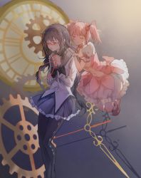 Rule 34 | 2girls, absurdres, akemi homura, black hair, black hairband, black pantyhose, blue skirt, bow, braid, choker, clock hands, closed eyes, dress, dress bow, facing another, feet out of frame, floating, frilled dress, frilled skirt, frills, gears, glasses, gradient background, hairband, hands on another&#039;s shoulders, highres, holding, holding ribbon, interlocked fingers, kaname madoka, long hair, luvsic25232, mahou shoujo madoka magica, mahou shoujo madoka magica (anime), multiple girls, open mouth, own hands clasped, own hands together, pantyhose, pink dress, pink hair, puffy short sleeves, puffy sleeves, red-framed eyewear, red choker, red footwear, red ribbon, ribbon, shoes, short hair, short sleeves, short twintails, skirt, smile, tears, twin braids, twintails