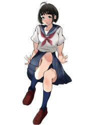 Rule 34 | 1girl, antenna hair, aqua eyes, black hair, blue sailor collar, blue skirt, blue socks, brown footwear, full body, highres, knee up, loafers, looking to the side, neckerchief, open mouth, original, pleated skirt, red neckerchief, sailor collar, school uniform, shirt, shoes, short hair, short sleeves, simple background, sitting, skirt, socks, solo, thick eyebrows, white background, white shirt, yoshiopon