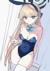 Rule 34 | 1girl, animal ears, bare shoulders, blonde hair, blue archive, blue bow, blue eyes, blue hair, blue leotard, bow, bowtie, breasts, closed mouth, detached collar, fake animal ears, halo, headset, highres, leotard, long hair, looking at viewer, medium breasts, multicolored hair, playboy bunny, rabbit ears, sakura yuki (clochette), solo, strapless, strapless leotard, thighhighs, toki (blue archive), toki (bunny) (blue archive), v, very long hair, white thighhighs