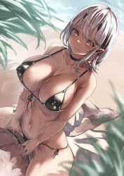 Rule 34 | 1boy, 1girl, alexi oekaki, bikini, black bikini, blue eyes, blush, breasts, cleavage, closed mouth, collarbone, from above, girl on top, grey hair, highres, horns, large breasts, medium hair, navel, original, outdoors, pointy ears, solo focus, stomach, swimsuit, water