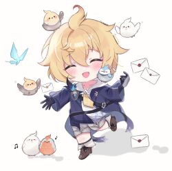 Rule 34 | &gt; &lt;, 1boy, :d, ^ ^, ahoge, amimia zaxtuta, animal, animal on head, artist name, beamed eighth notes, bird, bird on head, blonde hair, blue gloves, blue jacket, blush, boots, brown footwear, bug, chibi, closed eyes, collarbone, commentary request, crystalfly (genshin impact), eighth note, envelope, flying, fold-over boots, genshin impact, gloves, grey shorts, hair between eyes, hands up, happy, highres, hood, hood down, hoodie, jacket, leg up, long sleeves, male focus, mika (genshin impact), musical note, necktie, on head, open clothes, open jacket, open mouth, short hair, shorts, sidelocks, simple background, smile, solo, standing, standing on one leg, white background, white hoodie, yellow necktie