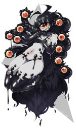 Rule 34 | 1girl, barefoot, black hair, colored sclera, colored skin, commentary request, commission, cyclops, dated, extra eyes, floating, full body, gazer (monster girl encyclopedia), grey skin, grin, highres, long hair, looking at viewer, monster girl, monster girl encyclopedia, muroku (aimichiyo0526), navel, nude, one-eyed, red eyes, sharp teeth, signature, slime (substance), slit pupils, smile, solo, tail, teeth, tentacles, white background, yellow sclera