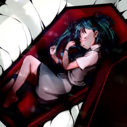Rule 34 | 1girl, aqua hair, bad id, barefoot, blush, coffin, female focus, from above, hatsune miku, long hair, lying, necktie, on side, reri, sleeping, solo, tears, twintails, very long hair, vocaloid