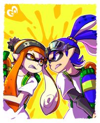 Rule 34 | 1boy, 1girl, angry, backpack, bag, beanie, blue eyes, blue hair, clenched teeth, domino mask, fangs, glaring, grimace, hat, holding, holding weapon, ink tank (splatoon), inkling, inkling boy, inkling girl, inkling player character, layered clothes, layered sleeves, long hair, long sleeves, looking at another, manoi, mask, nintendo, orange eyes, orange hair, paint splatter, pointy ears, ponytail, scrunchie, shirt, short hair, short over long sleeves, short sleeves, splatoon (series), splatoon 1, splattershot (splatoon), super soaker, teeth, tentacle hair, tentacles, upper body, water gun, weapon