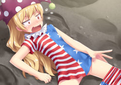 Rule 34 | 1girl, american flag legwear, american flag print, american flag shirt, blonde hair, blush, breasts, clownpiece, commentary request, fang, female focus, flying sweatdrops, hat, jester cap, long hair, looking to the side, lying, moon, neck ruff, on back, open mouth, pantyhose, polka dot, pom pom (clothes), print shirt, purple hat, red eyes, shadow, shirt, short sleeves, small breasts, solo, star (symbol), star print, striped clothes, striped pantyhose, striped shirt, sweat, sweatdrop, tears, tongue, touhou, umarutsufuri, v-shaped eyebrows