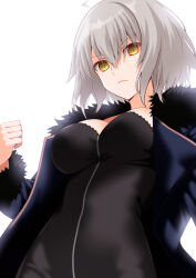 Rule 34 | 1girl, ahoge, black coat, black dress, breasts, cleavage, closed mouth, coat, commentary request, dress, engo (aquawatery), fate/grand order, fate (series), fur-trimmed coat, fur-trimmed sleeves, fur trim, grey hair, hair between eyes, highres, jeanne d&#039;arc alter (fate), jeanne d&#039;arc alter (ver. shinjuku 1999) (fate), long sleeves, looking at viewer, medium breasts, official alternate costume, open clothes, open coat, short hair, simple background, solo, white background, yellow eyes