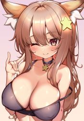 Rule 34 | 1girl, ;), animal ear fluff, animal ears, annytf, black choker, blush, breasts, brown eyes, brown hair, choker, closed mouth, collarbone, commentary, covered erect nipples, english commentary, fox ears, fox girl, fox shadow puppet, gradient background, hair between eyes, hair ornament, indie virtual youtuber, kaptivate, large breasts, long hair, looking at viewer, one eye closed, pink background, smile, solo, star (symbol), star hair ornament, upper body, virtual youtuber