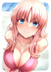 Rule 34 | 1girl, aquaplus, arms behind back, bare shoulders, blue eyes, breasts, cleavage, closed mouth, collarbone, cowboy shot, from above, gradient eyes, gradient hair, hair between eyes, hair over breasts, highres, large breasts, long hair, looking at viewer, milfa (to heart), multicolored eyes, multicolored hair, nakajima kotoko, one-piece swimsuit, pink hair, pink one-piece swimsuit, pool, poolside, shiny clothes, shiny skin, sidelocks, sleeveless, smile, solo, swimsuit, thighs, to heart, to heart (series), to heart 2, water