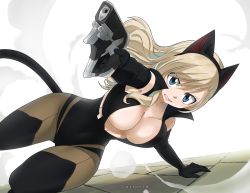 Rule 34 | 1girl, animal ears, arm support, black gloves, blonde hair, blue eyes, breasts, cat ears, cat tail, cleavage, colorized, eden&#039;s zero, elbow gloves, gaston18, gloves, gun, holding, holding gun, holding weapon, large breasts, long hair, mashima hiro, rebecca bluegarden, tail, weapon, wide hips