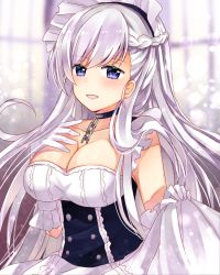 Rule 34 | 1girl, azur lane, belfast (azur lane), blue eyes, blush, breasts, cleavage, collar, collarbone, dress, female focus, gloves, half-closed eyes, large breasts, long hair, looking at viewer, maid, maid headdress, personification, smile, solo, white gloves, white hair