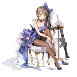 Rule 34 | 1girl, anmi, assault rifle, black bra, black footwear, blush, bow, bowtie, bra, breasts, brown eyes, brown hair, brown pantyhose, chair, choker, cleavage, collarbone, confetti, daewoo k2, dress, feet, food, full body, girls&#039; frontline, gun, hair bow, hair ornament, hairclip, hands on own leg, high heels, k2 (before dawn) (girls&#039; frontline), k2 (girls&#039; frontline), knee up, layered dress, long hair, looking at viewer, medium breasts, official alternate costume, official art, open mouth, pantyhose, purple bow, purple dress, rifle, unworn shoe, shoes, unworn shoes, side ponytail, sidelocks, single shoe, single sleeve, sitting, solo, table, thigh strap, transparent background, underwear, weapon, wristband