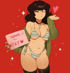 Rule 34 | 1girl, bikini, blowing kiss, bob cut, breast press, breasts, brown hair, choker, coat, coat on shoulders, curvy, dark-skinned female, dark skin, eyebrows hidden by hair, eyeshadow, goth fashion, highres, holding, holding paper, makeup, medium breasts, mole, mole on breast, mole under eye, one eye closed, panties, paper, shiny skin, sleeves past wrists, solo, sparkle background, striped bikini, striped clothes, striped panties, swimsuit, thick thighs, thighhighs, thighs, underwear, wide hips, wink