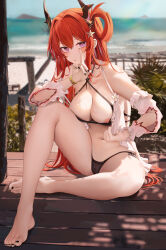 Rule 34 | 1girl, arknights, bare shoulders, barefoot, bikini, black bikini, black nails, blush, breasts, commentary, detached sleeves, feet, hair intakes, hair ornament, hand up, highres, horns, large breasts, long hair, looking at viewer, medium breasts, nail polish, navel, nipples, official alternate costume, outdoors, parted lips, purple eyes, red hair, ru zhai, sitting, slit pupils, solo, star (symbol), star hair ornament, surtr (arknights), surtr (colorful wonderland) (arknights), swimsuit, symbol-only commentary, thighs, toenail polish, toenails, water