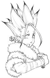 Rule 34 | 1boy, bandages, dr. stone, facial mark, fur trim, ishigami senkuu, looking at viewer, male focus, monochrome, murata tefu, open mouth, signature, simple background, solo, white background