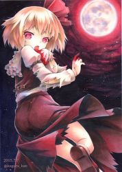 Rule 34 | 1girl, bad id, bad link, bad twitter id, blonde hair, blood, blood on hands, full moon, funnyfunny, gradient background, hair ribbon, moon, night, red eyes, ribbon, rumia, shirt, short hair, solo, torn clothes, torn shirt, torn sleeves, touhou, twitter username