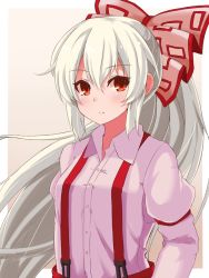 Rule 34 | 1girl, blush, border, bow, commentary request, fujiwara no mokou, grey background, hair between eyes, hair bow, juliet sleeves, long hair, long sleeves, looking at viewer, outside border, pants, pink bow, puffy sleeves, red eyes, red pants, remiria100, shirt, sidelocks, silver hair, simple background, solo, suspenders, touhou, upper body, white border, white shirt, wing collar