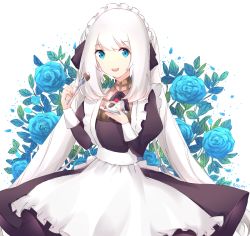 Rule 34 | 1girl, :d, alternate costume, apron, black dress, blue eyes, blue flower, blue rose, cake, cake slice, commentary, dress, enmaided, fate/grand order, fate (series), flower, food, frilled apron, frills, holding, holding food, holding plate, juliet sleeves, long hair, long sleeves, maid, marie antoinette (animejapan 2016) (fate), marie antoinette (fate), official alternate costume, open mouth, plate, puffy sleeves, rocm (nkkf3785), rose, sidelocks, smile, solo, teeth, twintails, upper teeth only, very long hair, white apron, white background, white hair