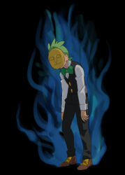 Rule 34 | 1boy, black background, black pants, black vest, blue fire, bow, bowtie, brown footwear, buttons, cilan (pokemon), commentary request, creatures (company), fire, full body, game freak, gen 5 pokemon, green bow, green bowtie, green hair, hunched over, long sleeves, male focus, mask, medium hair, miyawaki, nintendo, pants, pokemon, pokemon (anime), pokemon bw (anime), shirt, shoes, solo, standing, vest, white shirt, yamask