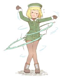 Rule 34 | &gt; &lt;, 1girl, arms up, beret, blonde hair, blush stickers, boots, brown footwear, brown gloves, brown pantyhose, closed eyes, collared jacket, etori, facing viewer, fate/grand order, fate (series), flying sweatdrops, gloves, green hat, green jacket, hat, head tilt, hoop, hula hoop, jacket, long sleeves, open mouth, pantyhose, paul bunyan (fate), short hair, solo, standing, sweat, swept bangs, wavy mouth, white background