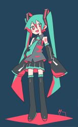 Rule 34 | 1girl, :d, adpx, aqua eyes, aqua hair, bare shoulders, black footwear, collared shirt, detached sleeves, fanged bangs, grey shirt, hair between eyes, hatsune miku, highres, jitome, long hair, looking at viewer, necktie, open mouth, shirt, simple background, skirt, sleeves past fingers, sleeves past wrists, smile, twintails, very long hair, vocaloid