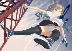 Rule 34 | 1girl, aircraft, airplane, bad id, bad pixiv id, black thighhighs, brown eyes, brown hair, cameltoe, cellphone, climbing, converse, from below, long hair, original, panties, pantyshot, phone, pleated skirt, school uniform, shirt, shoes, side ponytail, skirt, sneakers, solo, standing, striped clothes, striped panties, thighhighs, throtem, underwear, upskirt