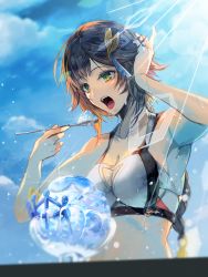 Rule 34 | 1girl, armpits, bad id, bad pixiv id, bikini, bikini top only, blue sky, blurry, blurry foreground, breasts, brown hair, cleavage, cloud, collarbone, day, eating, food, granblue fantasy, green eyes, hair ornament, hand in own hair, highres, holding, holding spoon, leona (granblue fantasy), medium breasts, open mouth, outdoors, pos (shiratama-ya), shaved ice, short hair, sky, solo, spoon, summer, sunlight, swimsuit, white bikini