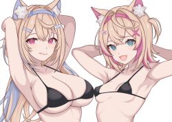 Rule 34 | 2girls, :q, animal ear fluff, animal ears, armpits, arms behind head, arms up, bandaid, bandaid hair ornament, bikini, black bikini, blonde hair, blue eyes, blue hair, blue hairband, breasts, butabanahanafukku, crossed bangs, dog ears, dog girl, fake horns, fang, fuwawa abyssgard, hair between eyes, hair intakes, hair ornament, hairband, hairclip, halterneck, highres, hololive, hololive english, horns, large breasts, long hair, looking at viewer, micro bikini, mococo abyssgard, multicolored hair, multiple girls, open mouth, pink eyes, pink hair, pink hairband, short hair, siblings, simple background, sisters, skin fang, small breasts, smile, streaked hair, swimsuit, tongue, tongue out, twins, two side up, underboob, upper body, virtual youtuber, white background, x hair ornament