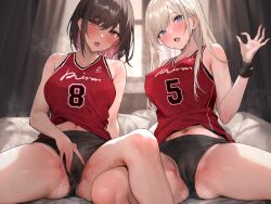 Rule 34 | 2girls, absurdres, armband, bare shoulders, basketball uniform, bed, bed sheet, black shorts, blonde hair, blush, breasts, brown hair, cameltoe, commentary request, covered erect nipples, curtains, gym uniform, highres, indoors, large breasts, long hair, looking at viewer, midriff, multiple girls, navel, non-web source, on bed, original, pillow, short hair, shorts, sitting, sportswear, spread legs, spread pussy under clothes, steaming body, sweat, thighs, toned, window, yuyu (yuyuworks)