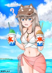 Rule 34 | 1girl, ?, animal hat, bikini, blue eyes, blue sky, breasts, brown hat, bullet, cat hat, cleavage, cloud, cloudy sky, commentary request, cowboy shot, cup, day, disposable cup, food, frown, girls und panzer, girls und panzer senshadou daisakusen!, half-closed eyes, hat, highres, holding, holding cup, itsumi erika, jewelry, looking to the side, medium breasts, medium hair, multi-strapped bikini, navel, necklace, nspa (spa-jcs), ocean, open mouth, outdoors, paw print, pink sarong, print headwear, see-through, shaved ice, silver hair, skindentation, sky, solo, standing, swimsuit, thigh gap, twitter username, visor cap, white bikini