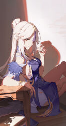 Rule 34 | 1girl, absurdres, blue dress, closed mouth, cup, dress, from side, genshin impact, highres, holding, holding cup, indoors, jewelry, long hair, ningguang (genshin impact), ningguang (orchid&#039;s evening gown) (genshin impact), red eyes, ring, short dress, sitting, sleeveless, smile, solo, strapless, strapless dress, very long hair, white hair, zhishuixy