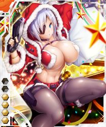 Rule 34 | 1girl, aina winchester, arms up, blue eyes, boots, breasts, card (medium), card (orange-sr), card (sr), christmas, cleavage, curvy, grin, happy, hat, hood, hoodie, huge breasts, lilith-soft, looking at viewer, navel, no bra, pantyhose, potion (moudamepo), santa hat, shiny skin, short hair, silver hair, sitting, skirt, smile, solo, taimanin (series), taimanin asagi battle arena all card gallery, taimanin asagi kessen arena, weapon