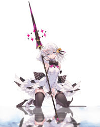 Rule 34 | 1girl, armpits, bare shoulders, black ribbon, black thighhighs, blue eyes, blurry, breasts, closed mouth, clothing cutout, commentary request, detached sleeves, dress, expressionless, hair between eyes, hair ribbon, hand on own head, head tilt, highres, holding, holding weapon, kneeling, lance, long sleeves, looking at viewer, medium hair, nanananana, neck ribbon, orange ribbon, original, polearm, reflection, ribbon, shoes, short dress, shoulder cutout, small breasts, solo, thighhighs, weapon, white dress, white footwear, white hair, zettai ryouiki