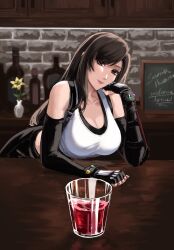 Rule 34 | 1girl, alcohol, bar (place), bare shoulders, black hair, black skirt, bottle, bracelet, breasts, brown hair, cleavage, closed mouth, collarbone, commentary, counter, crop top, cup, drinking glass, elbow gloves, elbow rest, english commentary, final fantasy, final fantasy vii, final fantasy vii remake, fingerless gloves, flower, gloves, highres, indoors, jewelry, kivavis, large breasts, lips, long hair, looking at viewer, materia, plant, potted plant, red eyes, seventh heaven, single sidelock, skirt, smile, solo, suspender skirt, suspenders, swept bangs, tank top, tifa lockhart, upper body, white tank top, yellow flower