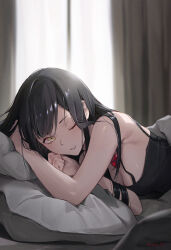 Rule 34 | 1girl, absurdres, black camisole, black hair, breasts, camisole, cleavage, commentary, from side, gem, heart, highres, indoors, long hair, looking at viewer, lying, medium breasts, on bed, on stomach, one eye closed, original, pillow, psd available, red gemstone, sleeveless, smile, solo, sooon, spaghetti strap, teeth, twitter username, upper body, yellow eyes