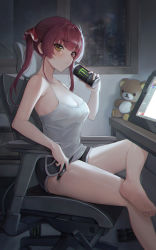 Rule 34 | 1girl, barefoot, blush, breasts, can, chair, cleavage, commentary request, crossed legs, hair ribbon, highres, holding, holding can, holding stylus, hololive, houshou marine, indoors, looking at viewer, lunia, medium breasts, night, red eyes, red hair, red ribbon, ribbon, short hair, sitting, soles, solo, stuffed animal, stuffed toy, stylus, tank top, teddy bear, thighs, twintails, virtual youtuber, window, yellow eyes