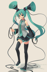 Rule 34 | 1girl, :o, aqua eyes, aqua hair, black thighhighs, boots, cable, detached sleeves, fkey, hatsune miku, headset, highres, long hair, looking at viewer, nail polish, necktie, pleated skirt, skirt, solo, speaker, standing, thigh boots, thighhighs, twintails, very long hair, vocaloid, wire