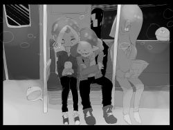 Rule 34 | 2boys, bubble, cellphone, crossed arms, greyscale, guitar case, highres, ikkan (splatoon), instrument case, looking at another, male focus, monochrome, multiple boys, nintendo, phone, pointy ears, shoes, sleeping, sleeping on person, smartphone, sneakers, splatoon (series), splatoon 2, tentacle hair, train interior, turtleneck, warabi (splatoon), winter clothes