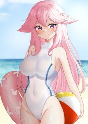 Rule 34 | 1girl, absurdres, animal ears, ball, bare shoulders, beach, beachball, blush, breasts, cameltoe, closed mouth, collarbone, competition swimsuit, covered navel, cowboy shot, feet out of frame, female focus, fox ears, genshin impact, groin, halterneck, highleg, highleg swimsuit, highres, holding, holding ball, holding beachball, holding swim ring, horizon, innertube, large breasts, long hair, looking at viewer, nisage, one-piece swimsuit, outdoors, pink eyes, pink hair, pink innertube, shiny skin, smile, standing, swim ring, swimsuit, thighs, water, white one-piece swimsuit, yae miko