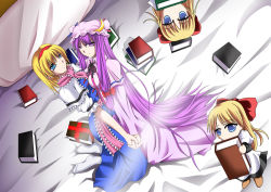 Rule 34 | 2girls, alice margatroid, bed, blonde hair, blue eyes, book, crescent, female focus, holding hands, long hair, multiple girls, pandora (angelfeather-heart), patchouli knowledge, pillow, purple eyes, purple hair, short hair, touhou, very long hair