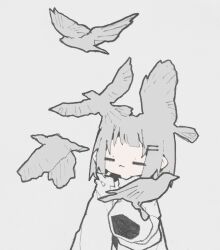 Rule 34 | 1girl, :3, = =, animal on arm, bird, bird on arm, closed eyes, closed mouth, commentary request, grey background, grey hair, grey jacket, grey theme, hair ornament, hairclip, highres, jacket, long sleeves, nikamoka, original, short hair, simple background, sleeves past fingers, sleeves past wrists, solo, upper body