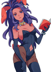Rule 34 | 1girl, absurdres, black leotard, blue hair, book, breasts, cleavage, clothing cutout, creatures (company), dark-skinned female, dark blue hair, dark skin, detached collar, elbow gloves, fake tail, game freak, gloves, hair ornament, highres, holding, holding book, large breasts, leotard, light smile, lips, long hair, looking at viewer, navel cutout, nintendo, pantyhose, playboy bunny, pokemon, pokemon sv, ponytail, rabbit ears, raifort (pokemon), shiny skin, simple background, smile, standing, tail, very long hair, white background, wide hips, zutazutako