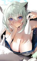 Rule 34 | 1girl, animal ears, arm up, armpits, bare shoulders, blue archive, blush, breasts, cleavage, commentary, crossed bangs, fingernails, green hair, hair between eyes, halo, head rest, highres, large breasts, long fingernails, long hair, looking at viewer, nidaime (doronbo), purple eyes, shigure (blue archive), shigure (hot spring) (blue archive), solo, symbol-only commentary, weasel ears, white background
