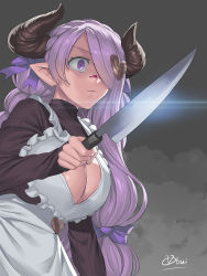 Rule 34 | 1girl, alternate costume, apron, breasts, cleavage, cleavage cutout, closed mouth, clothing cutout, commentary request, draph, frilled apron, frills, granblue fantasy, hair ornament, hair over one eye, hair ribbon, heart, heart cutout, heart hair ornament, highres, holding, knife, large breasts, meme, narmaya (granblue fantasy), narmaya (valentine) (granblue fantasy), obui, pointy ears, purple eyes, purple hair, ribbon, shaded face, signature, solo, tsukiji uogashi sandaime, turtleneck, wide-eyed