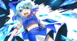 Rule 34 | 1girl, blue eyes, blue hair, blush, bow, cirno, danmaku, female focus, hair bow, ice, matching hair/eyes, midriff, navel, open mouth, short hair, skirt, solo, touhou, ume (plumblossom), white background, wings