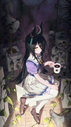 Rule 34 | 1girl, absurdres, ahoge, animal ears, black hair, brown footwear, closed mouth, coffee, commentary, cup, english commentary, eyes visible through hair, highres, holding, holding cup, horse ears, horse girl, horse tail, long hair, manhattan cafe (umamusume), plant, pleated skirt, sarcophage, school uniform, shoes, short sleeves, skirt, solo, statue, tail, thighhighs, tracen school uniform, umamusume, vines, white skirt, white thighhighs, yellow eyes