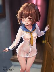 Rule 34 | 1girl, :d, absurdres, blue sailor collar, breasts, brown eyes, brown hair, commentary request, commission, covered erect nipples, doorway, dress, eckert&amp;eich, feet out of frame, hair between eyes, highres, kantai collection, long sleeves, looking at viewer, neckerchief, open mouth, sailor collar, sailor dress, school uniform, see-through, see-through dress, serafuku, short hair, signature, skeb commission, small breasts, smile, solo, standing, wet, wet clothes, wet dress, yellow neckerchief, yukikaze (kancolle)