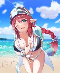 Rule 34 | 1girl, band (skymole01), blue eyes, blush, breasts, brown hair, large breasts, long hair, misato (princess connect!), princess connect!, princess connect! re:dive, swimsuit