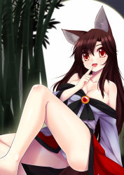 Rule 34 | 1girl, animal ears, ass, bamboo, bare legs, bare shoulders, breasts, brooch, brown hair, cleavage, collarbone, dress, fangs, full moon, highres, imaizumi kagerou, jewelry, large breasts, leg lift, legs, long hair, long sleeves, looking at viewer, moon, off shoulder, open mouth, panties, pantyshot, red eyes, shirt, sitting, skirt, smile, solo, touhou, underwear, upskirt, very long hair, white panties, wide sleeves, wolf ears, wolflong