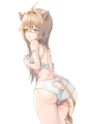 Rule 34 | 1girl, absurdres, ahoge, animal ears, ass, ass cutout, bad id, bad pixiv id, bare arms, bare shoulders, breasts, butt crack, clothing cutout, hair between eyes, heart cutout, highres, indie virtual youtuber, light brown hair, lion ears, lion tail, long hair, looking at viewer, luren dog, rurudo lion, simple background, small breasts, solo, tail, underwear, undressing, virtual youtuber, white background, yellow eyes