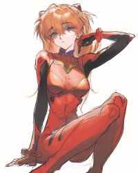 Rule 34 | 1girl, adjusting hair, blue eyes, bodysuit, breasts, closed mouth, commentary, hair between eyes, hand on ground, hand up, highres, interface headset, knees up, large breasts, lecl (recieru), light frown, long hair, looking at viewer, narrowed eyes, neon genesis evangelion, on ground, pilot suit, plugsuit, red bodysuit, red hair, shaded face, sitting, sketch, skin tight, solo, souryuu asuka langley, white background